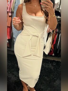 Sleeveless Tie-Waist Midi Dress in Cream